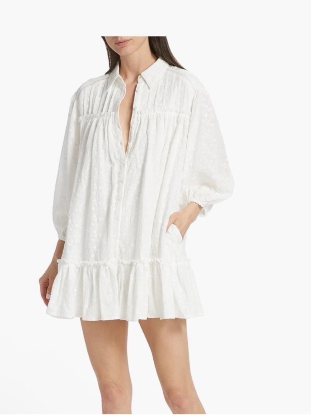 Line & Dot White Textured Ruffle Mini Dress